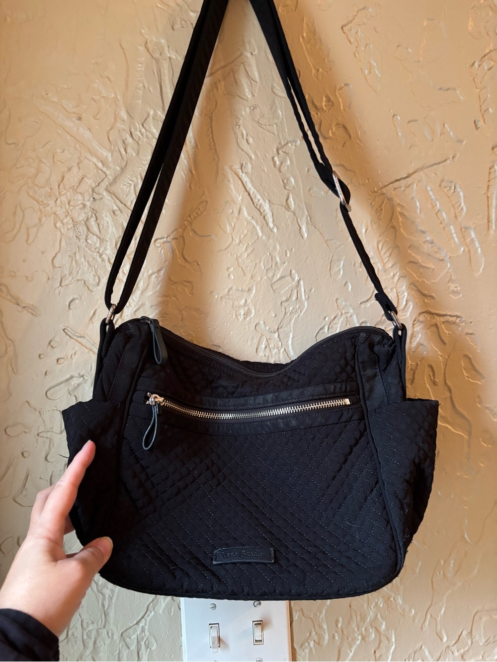 Vera Bradley Black Quilted Shoulder Bag with Front Zip